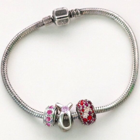 CHAM 925 Sterling Silver 3 Charm Breast Cancer Awareness Snake Bracelet - Picture 1 of 7